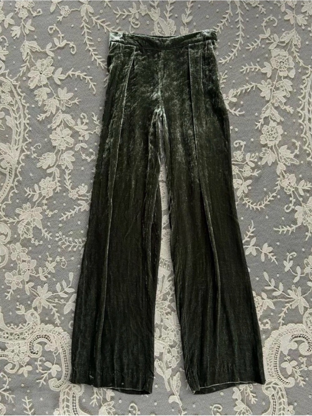 Massimo Dutti Premium Dark Green Velvet Pants Flowy Glamorous Wide Leg